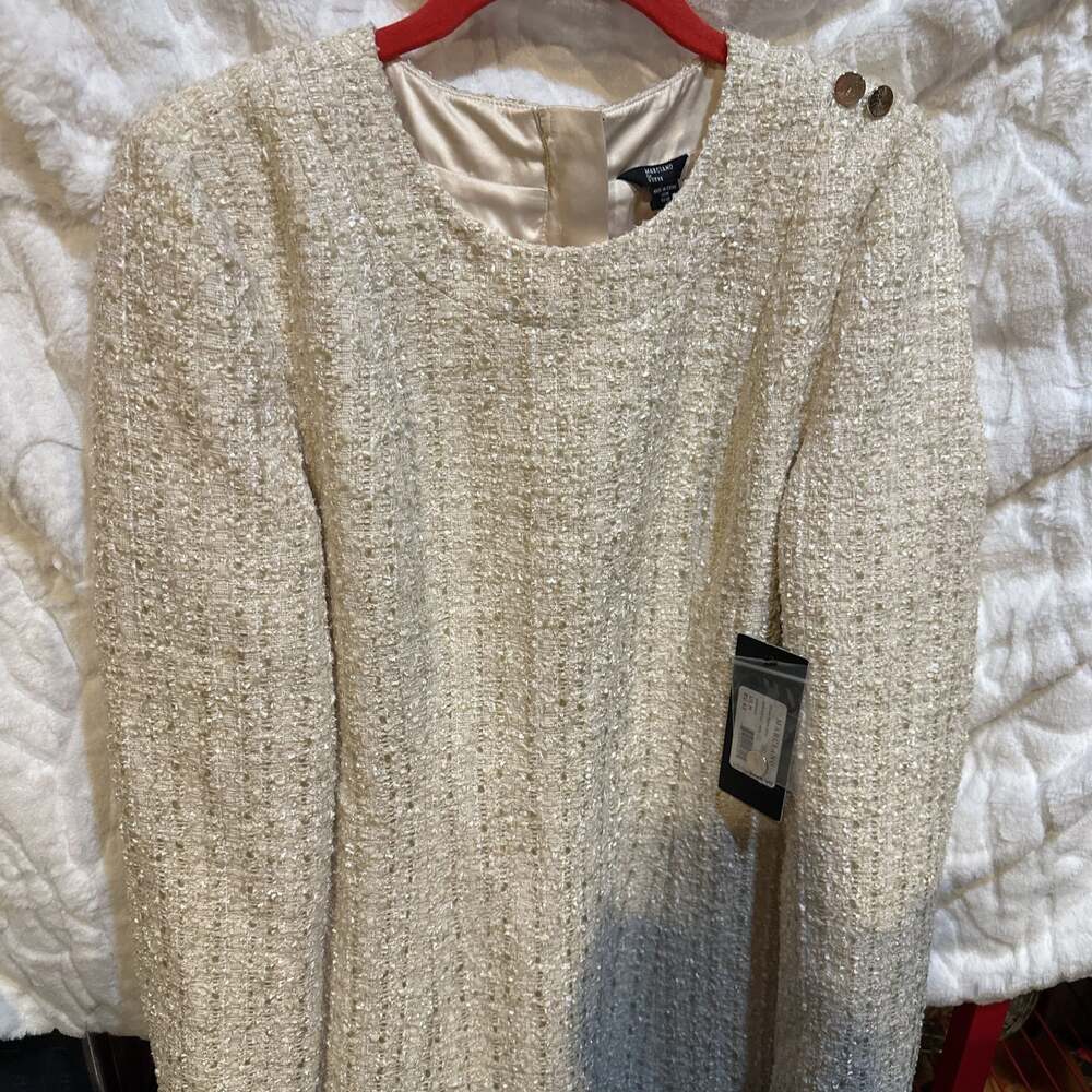 Marciano Guess Cream Tweed Knit Long Sleeve Dress with Gold Buttons, Size M